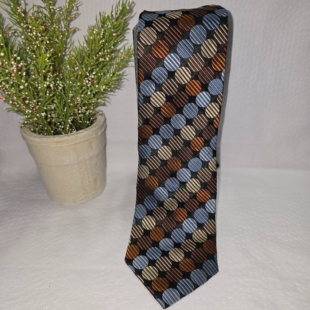 GIORGIO BRUTINI 100% SILK TIE BROWN BRONZE CREAM AND BLUE POLKA DOT EUC